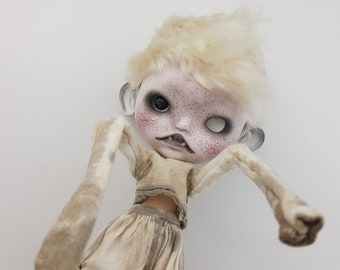 SOLD Сustom Blythe boy sculpting face OOAK zombie vampire white mohair wig short hair |Art doll by Alinari