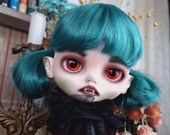 Custom Blythe vampire girl with teeth OOAK sharp ears dark girl sculpting modeling face green hair Art doll by Alinari
