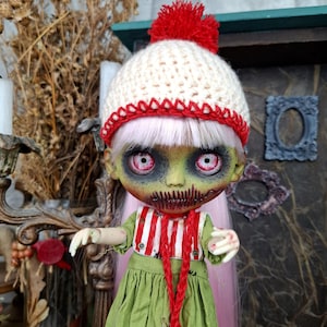 Zombie Blythe TBL Doll OOAK Custom Horror with Green Skin, Pink Hair and Stitched Mouth Creepy Gothic Art Doll for Collectors by Alinari