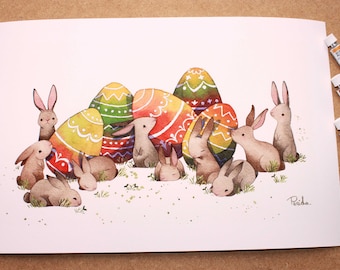 FINE ART "Easter Eggs & Bunnies" Giclee Print 34x22cm of my original watercolour painting