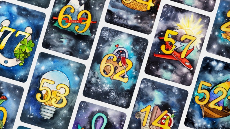May include: A set of 10 colorful cards with a galaxy background. Each card features a different number in gold with a unique illustration. The numbers include 77, 69, 62, 57, 53, 52, 14, and 0. The card with the number 69 has the word "FINISH" written on it.