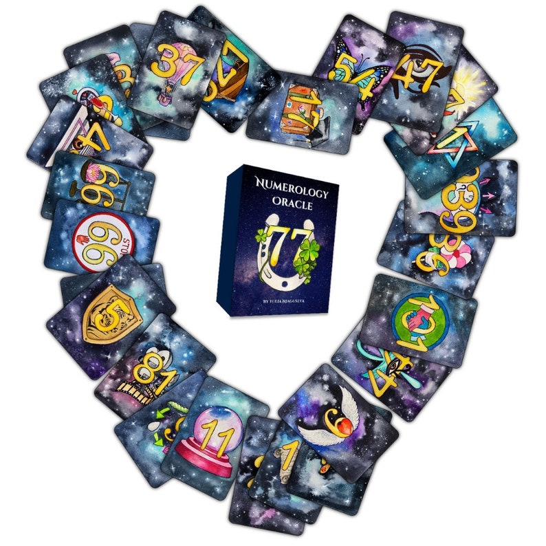 May include: A set of 77 cards with a galaxy background and gold numbers. The cards are arranged in a heart shape around a box that says "Numerology Oracle 77".