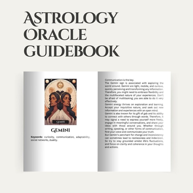 K&ouml;nnte beinhalten: Ein Astrologie-Ratgeber mit einer farbenfrohen Illustration des Sternzeichens Zwillinge. Der Text auf der Seite beschreibt die Pers&ouml;nlichkeitsmerkmale der Zwillinge, darunter Neugier, Kommunikation, Anpassungsf&auml;higkeit und Dualit&auml;t.