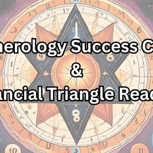 May include: An illustration featuring a central star and compass design, with the text "Numerology Success Code & Financial Triangle Reading" in bold white letters. The background is a celestial scene with stars and planets.