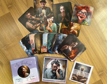 Könnte beinhalten: Ein Kartenspiel "My Feelings" mit metaphorischen Karten mit verschiedenen künstlerischen Illustrationen von Menschen, die Emotionen ausdrücken. Das Set enthält eine Box, eine Titelkarte und mehrere Karten mit verschiedenen Bildern.