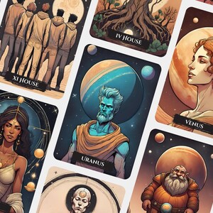 K&ouml;nnte beinhalten: Ein Set Tarotkarten mit Illustrationen von Planeten, Sternzeichen und astrologischen H&auml;usern. Die Karten haben einen dunkelblauen Hintergrund mit goldenen Akzenten. Die Karten sind im Vintage-Stil gestaltet.