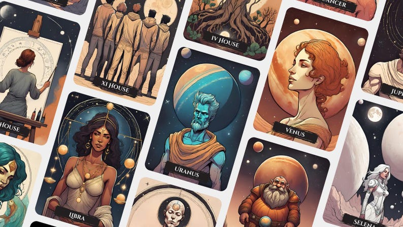 K&ouml;nnte beinhalten: Ein Set Tarotkarten mit Illustrationen von Planeten, Sternzeichen und astrologischen H&auml;usern. Die Karten haben einen dunkelblauen Hintergrund mit goldenen Akzenten. Die Karten sind im Vintage-Stil gestaltet.