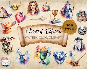 Może przedstawiać: Zestaw 100 obrazów clipart PNG w akwareli z ilustracjami o tematyce szkoły magii.  Zawiera czarodzieja, czarownicę, feniksa, herb domu, butelkę z eliksirem, czaszkę, miotłę, list, kielich, puchar domu, jelenia, kapelusz, różdżkę, serce, stos książek i zwój z tekstem "Wizard School Watercolor Clipart".