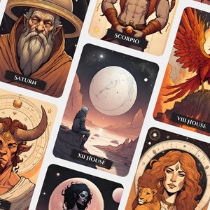 K&ouml;nnte beinhalten: Ein Set Tarotkarten mit Illustrationen von astrologischen Zeichen und Planeten. Die Karten zeigen eine Vielzahl von Farben, darunter Gold, Rot, Blau und Gr&uuml;n. Die Karten sind in einem Raster angeordnet, wobei jede Karte ein anderes astrologisches Zeichen oder einen anderen Planeten zeigt. Die Karten sind mit den Namen der Zeichen und Planeten beschriftet, wie z. B. "Stier", "Skorpion", "Saturn" und "VIII Haus".