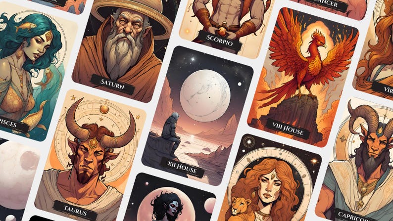 K&ouml;nnte beinhalten: Ein Set Tarotkarten mit Illustrationen von astrologischen Zeichen und Planeten. Die Karten zeigen eine Vielzahl von Farben, darunter Gold, Rot, Blau und Gr&uuml;n. Die Karten sind in einem Raster angeordnet, wobei jede Karte ein anderes astrologisches Zeichen oder einen anderen Planeten zeigt. Die Karten sind mit den Namen der Zeichen und Planeten beschriftet, wie z. B. "Stier", "Skorpion", "Saturn" und "VIII Haus".