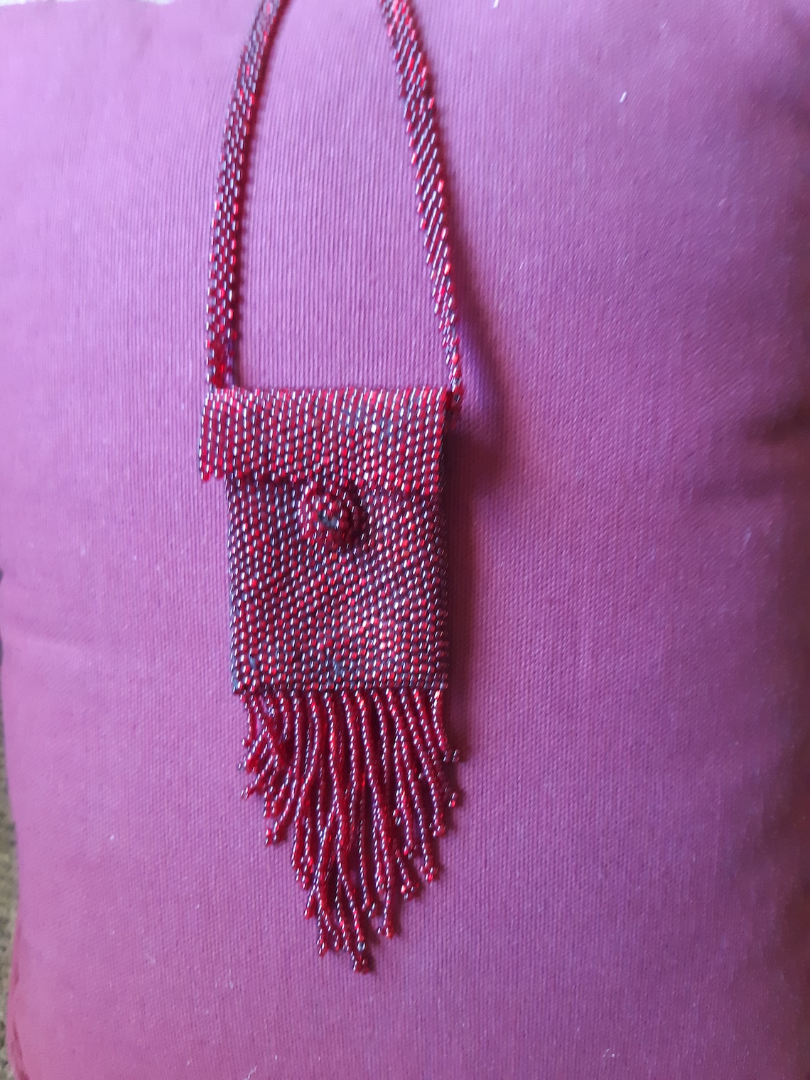 Red Fringed Beaded Amulet Pouch 12 Inch Necklace - Etsy UK