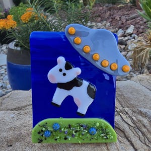 Alien abduction, fused glass night light, cow, space, spacecraft, aliens, beam me up, cow on hill, dairy, Made in USA