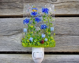 Bachelor button,night light, wildflower, fused glass, safety, bird,