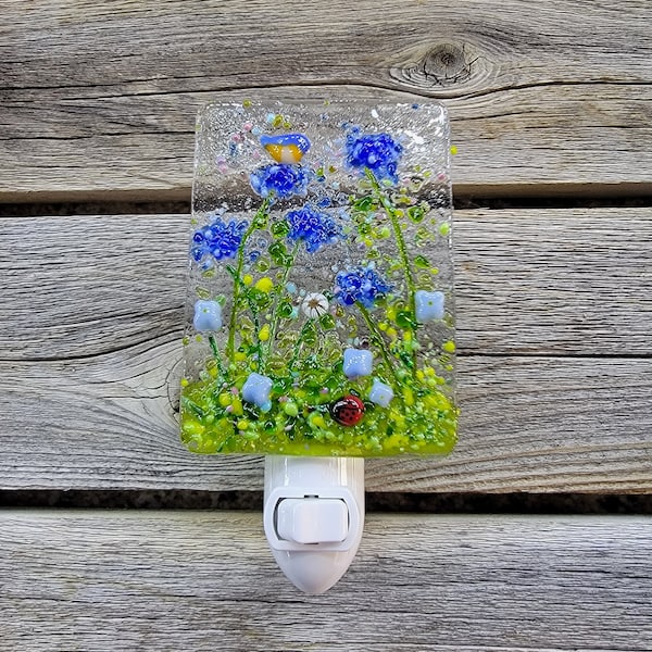 Bachelor button,night light, wildflower, fused glass, safety, bird,