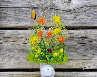 Marigold,fused glass, night light, marigolds, yellow, orange, garden, flowers, botanical, safety, warm light, bathroom, hallway, happy.