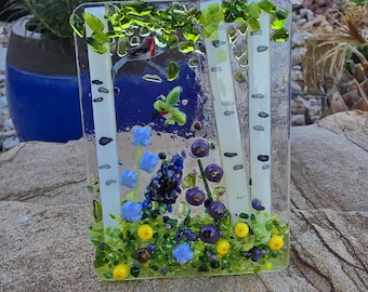 Aspen Birch fused glass nightlight featuring three trees, lupine and other flowers. Stained glass.