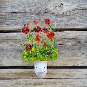 California poppy,night light, wildflower, fused glass, bright orange,murrini,incandescent with off/on switch.