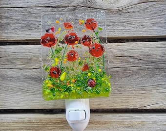 California poppy,night light, wildflower, fused glass, bright orange,murrini,incandescent with off/on switch.