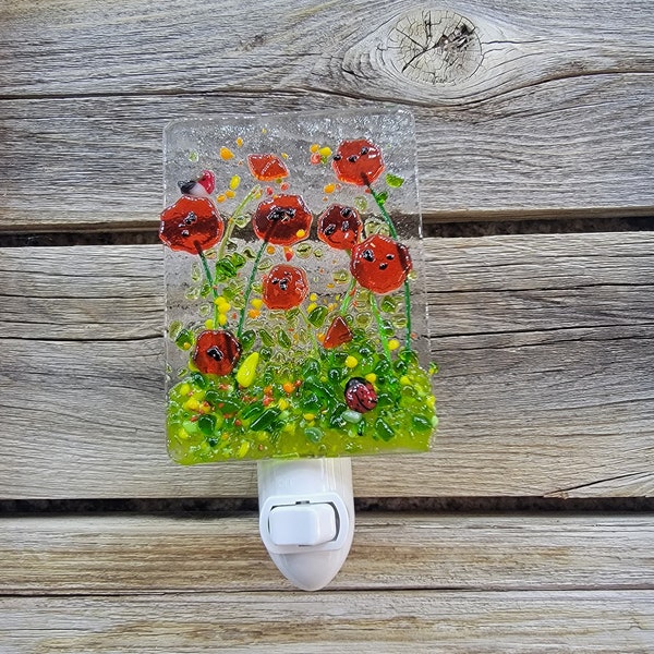 California poppy,night light, wildflower, fused glass, bright orange,murrini,incandescent with off/on switch.