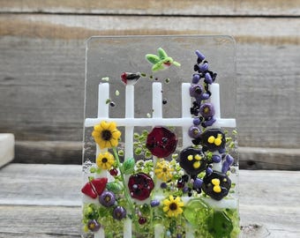 Garden gate, fused glass, nightlight,wildflower, floral, flowers, picket fence, hollyhocks, sunflowers, garden, birds, hummingbird