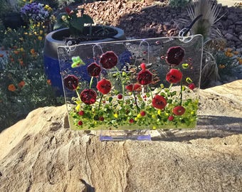 Bright red poppy fused glass Suncatcher, Wildflower, Garden, window hanging, wall hanging 4" x 6", oriental poppy, bird