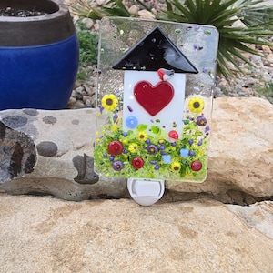 Welcome home, fused glass, night light, wildflowers, bird house, bird,handcrafted, floral