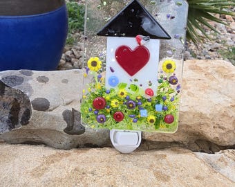 Welcome home, fused glass, night light, wildflowers, bird house, bird,handcrafted, floral