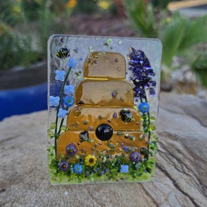 Beehive, skep, wildflowers, field, bees, beekeeper, fused glass, night light, lavender, nursery, bee my honey, summer, made in USA