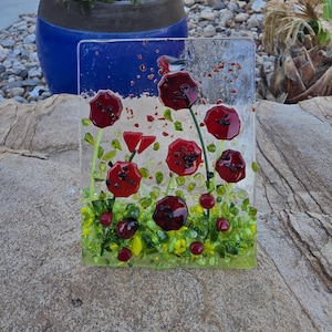 Bright red poppy,fused glass nightlight, night light, wildflower  botanical decor, oriental poppies,birds,