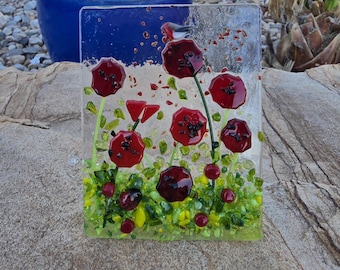 Bright red poppy,fused glass nightlight, night light, wildflower  botanical decor, oriental poppies,birds,