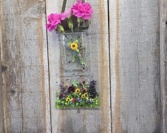 Fused glass pocket vase, display in window, on wall or in a small easel. Very detailed wildflower scene. Watertight pocket.