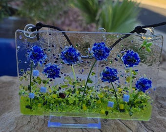 Bachelor Button Fused Glass Suncatcher,wallhanging, blue, flowers, cornflower, meadow, glass art, floral (4" x 6")