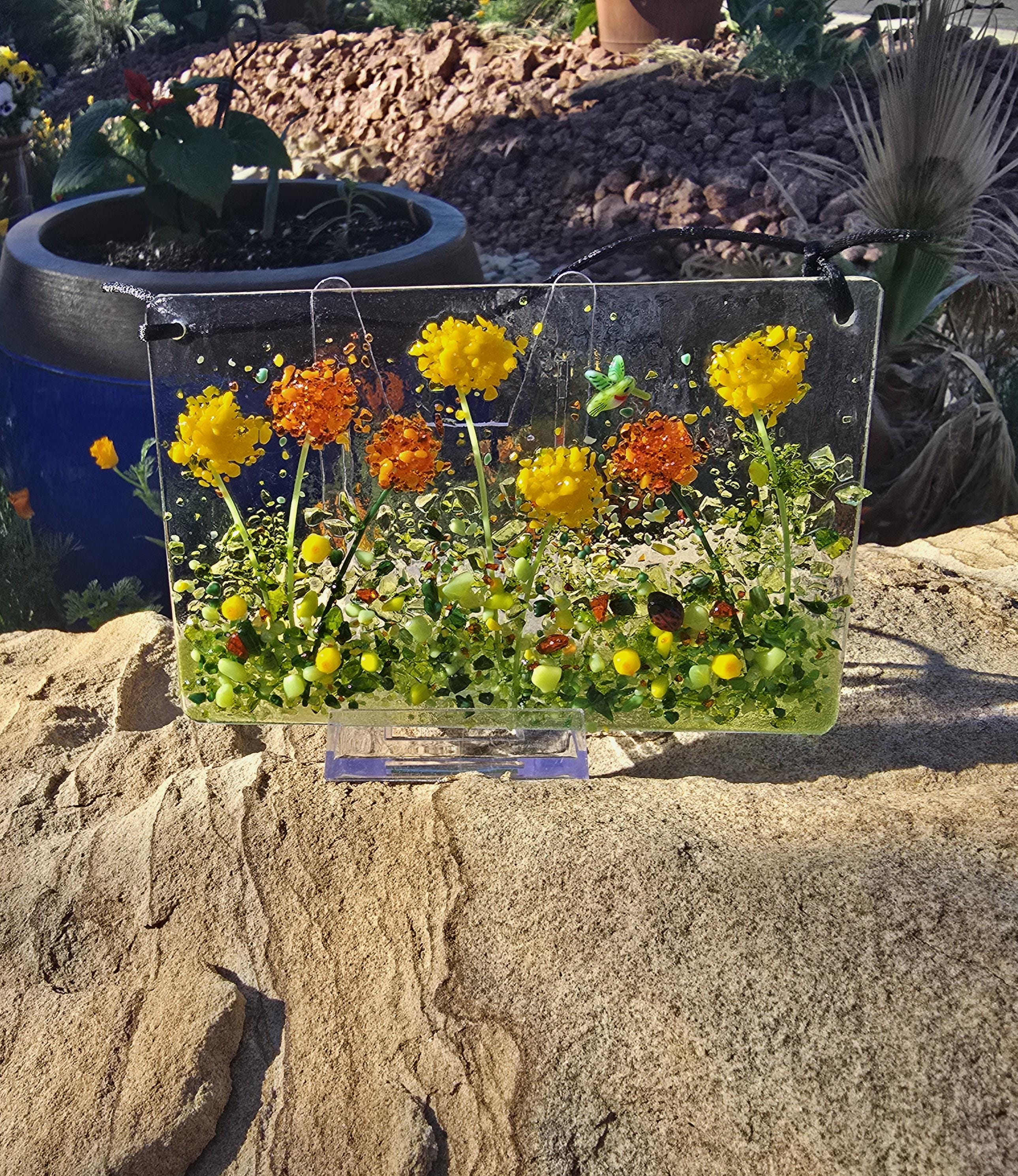 Marigolds, orange, yellow, fused glass suncatcher, hangs, window, wall, wildflowers, hummingbird, meadow,floral, flowers, colorful, summer,