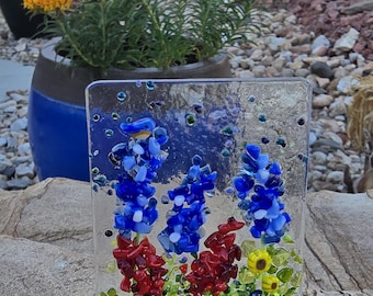 Fused glass, night light, Texas, Texas bluebonnets, Indian Paint Brush, Sunflowers, floral, meadow, wildflowers,stained glass