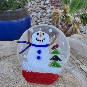 Snowglobe, nightlight, fused glass, snow globe, snowy, snowman, Christmas, winter,soft light, Frosty, cold, wintery, blizzard, Made in USA