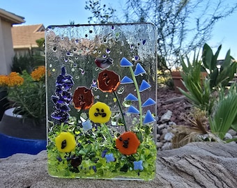 Poppies, blue bells and lavender,fused glass Wildflower Night Light: handcrafted with love
