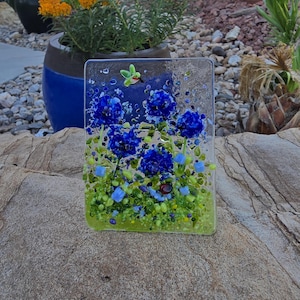 Bachelor button,night light, wildflower, fused glass,bird,nightlight, blue, garden, corn flower, cornflower
