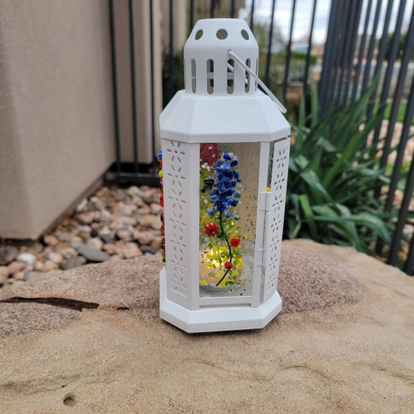Floral fused glass lantern, Bluebonnets, lavender, Indian paintbrush, sunflowers, lights with included LED candle