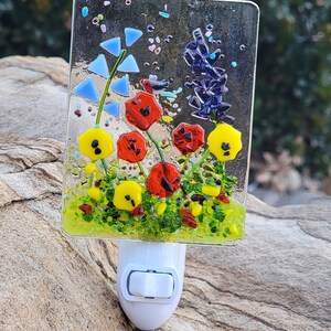 Blue bells, poppies, lavender, wildflowers, meadow, garden,night light,fused glass, Made in USA,