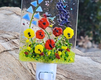 Blue bells, poppies, lavender, wildflowers, meadow, garden,night light,fused glass, Made in USA,