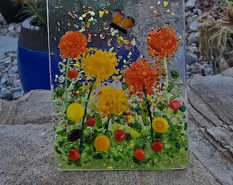 Marigold Night Light, fused glass botanical garden, bright orange and yellow, garden, floral,
