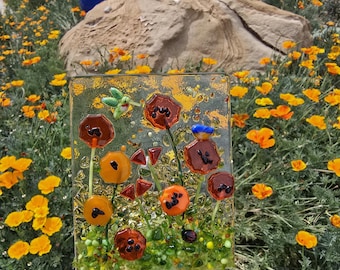 California poppy,night light, wildflower, fused glass, hummingbird, flowers, orange,