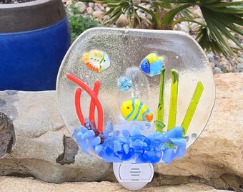 Fish bowl, aquarium, night light, fused glass, gorgeous fish, tropical aquarium decor, coral and seaweed. handcrafted with love.