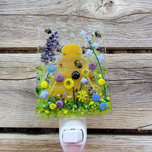 Beehive, skep, wildflowers, field, bees, beekeeper, fused glass, night light, lavender, nursery, bee my honey, summer, made in USA