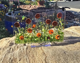 California Poppy, Fused Glass Suncatcher, Floral Window or wall Art (4" x 6") wildflowers, meadow,