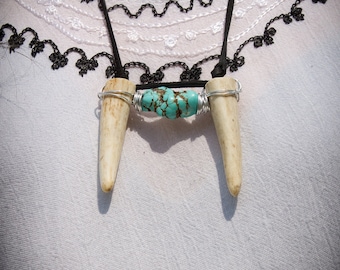 Double Antler Tip Necklace with Silver Wire Wrapping