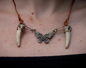 Double Antler Tip Necklace with Brass Wire Wrapping