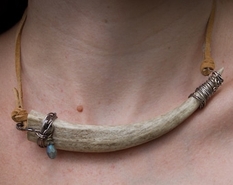Antler Tip Choker Necklace with Silver Wire Wrapping