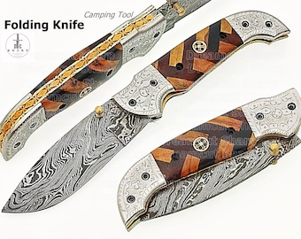 Pocket Knife, Handcrafted Folding Knife, Damascus Steel Blade, Birthday GIft, Mother's Day Gift, Anniversary Gift, Best Gift Item Ever,