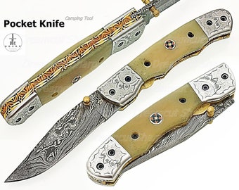 Handcrafted Damascus Steel Pocket Knife, Outdoor Camping Knife, Easter Gift, Birthday GItf, Crafting Tool, wedding Gift, Best Gitf Item Ever